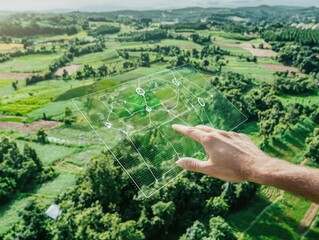 Poster - Digital crop monitoring in smart agriculture technology a farmer's hand engaging with drone data in lush green fields for precision farming