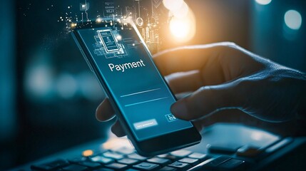 Poster - a person making an online tax payment on their smartphone, sleek interface, and a confirmation messa