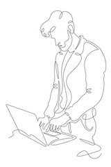 Poster - Continuous one line drawing young man stands with a laptop at the table. Handsome man works on the computer. Online work. One continuous line isolated minimal illustration.Not AI.