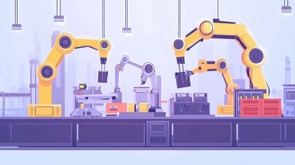 Poster - A modern industrial workspace featuring robotic arms and machinery for automation tasks.