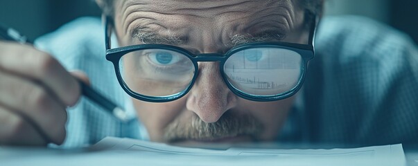 Poster - audit of tax forms, a serious official with a magnifying glass examining details, vintage aesthetic