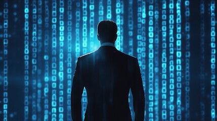 Poster - Vigilant Figure Stands Against Digital Binary Code Background