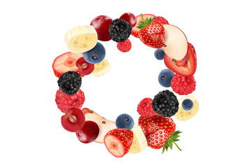 Poster - Mixed berries smoothies fruit splashing of Tropical fruits isolated on white background. Vector in 3D illustrations.