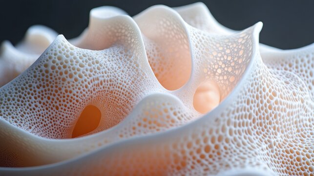 Abstract 3D rendered porous organic structure with flowing, wave-like forms and intricate detailing.