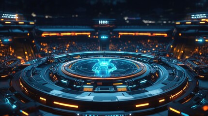 Wall Mural - A futuristic circular stage set in a modern stadium, with a shiny metal surface, bright neon lights, and advanced holographic displays.