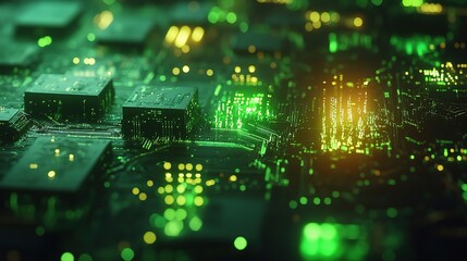 Poster - Glowing Green Circuit Board Close Up in High-Resolution Detail