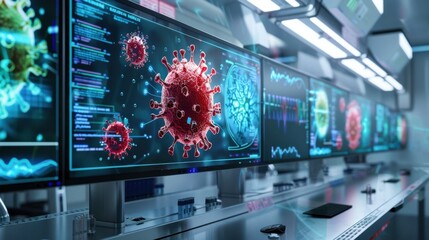 Fototapete - High-resolution 3D model of a virus being engineered for gene therapy, displayed on a large digital screen in a state-of-the-art biotech lab 