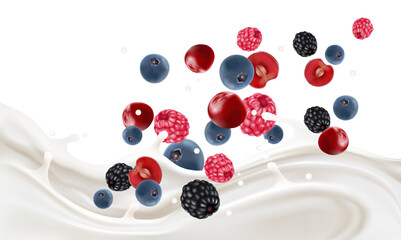 Fototapete - Mixed berries smoothies fruit splashing of Tropical fruits isolated on white background. Vector in 3D illustrations.