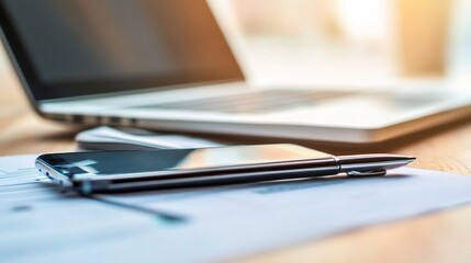 Poster - Close Up of Laptop with Phone and Pen on a Desk Surface