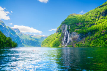 Wall Mural - seven sisters waterfall, geiranger fjord, norway. nature in fjords. panoramic view. traveling on a n