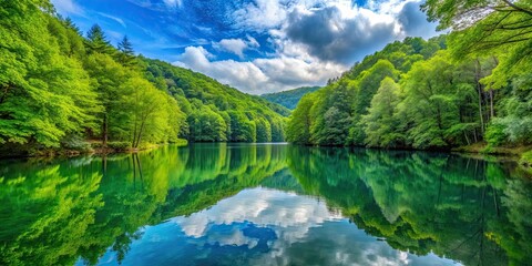 Wall Mural - Serene view of a lush Yalova forest surrounding a tranquil bottomless lake, Yalova, forest, bottomless lake, nature, serene