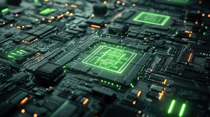 Poster - Close-up of Glowing Green Circuit Board Technology Components