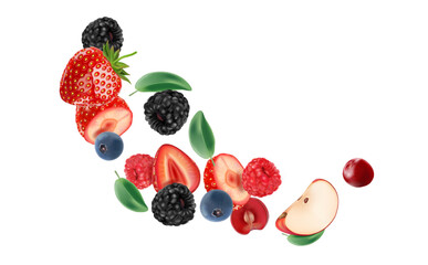 Poster - Mixed berries fruit with red raspberry, apple, strawberry, blackberry, blueberry, banana smoothies fruit splashing of Tropical fruits isolated on white background. Vector in 3D illustrations.