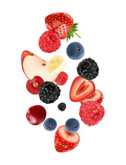 Fototapete - Mixed berries fruit with red raspberry, apple, strawberry, blackberry, blueberry, banana smoothies fruit splashing of Tropical fruits isolated on white background. Vector in 3D illustrations.