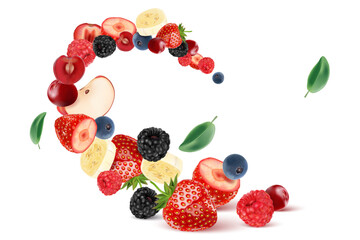 Poster - Mixed berries fruit with red raspberry, apple, strawberry, blackberry, blueberry, banana smoothies fruit splashing of Tropical fruits isolated on white background. Vector in 3D illustrations.