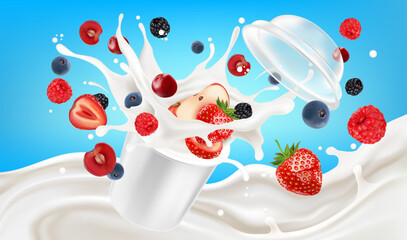 Poster - Packaging mock up mixed berries
smoothies fruit splashing of Tropical fruits isolated on solid background. Vector in 3D illustrations.