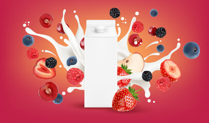 Poster - Packaging mock up mixed berries
smoothies fruit splashing of Tropical fruits isolated on solid background. Vector in 3D illustrations.
