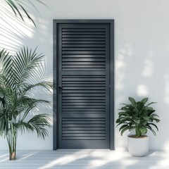 Wall Mural - Modern Dark Shutter Door with Green Plants and Minimalist Decor