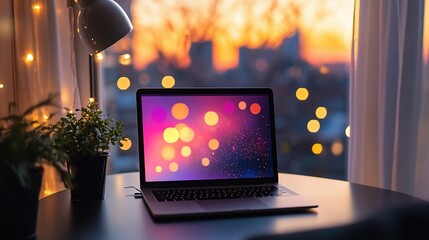 Poster - Cozy Creative Workspace with Laptop and Abstract Background Lights