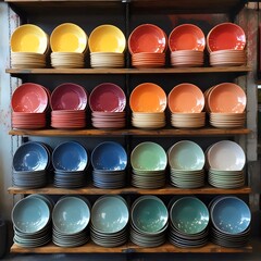 Wall Mural - A row of colorful plates on a shelf