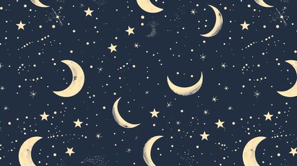 Canvas Print - a seamless pattern of moons and stars on a dark blue background.