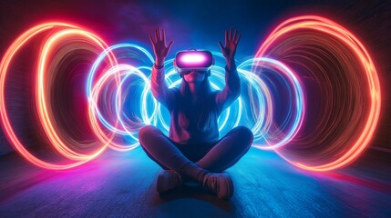 Aufkleber - An athletic individual engages in an immersive exploration of virtual reality, interacting with bright, glowing rings in a dimly lit setting