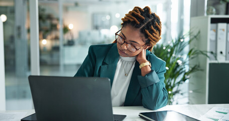 Poster - Anxiety, laptop and stress with business woman in office for decision, error or fail on corporate task. Burnout, computer or deadline and frustrated employee in workplace with reaction or regret