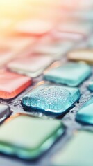 Poster - Colorful blue glass tiles create an interesting texture, enhanced by water droplets that catch light beautifully, showcasing intricate details