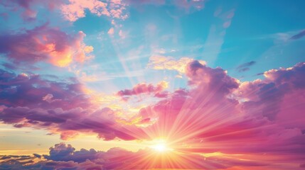 Wall Mural - colorful clouds fill the evening sky as sun rays burst through, creating a breathtaking natural disp