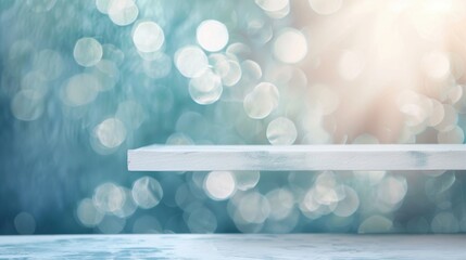 Poster - White wooden shelf against a soft teal and cream bokeh background, offering a clean and minimal design for product displays.