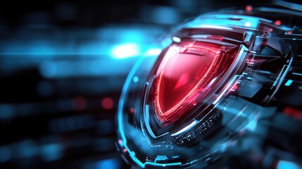 Poster - A glowing red shield encased in high-tech blue neon designs, symbolizing protection, security, and futuristic technology in a digital realm.