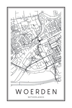 Printable downtown road map poster of the Dutch city of WOERDEN on solid white background with city name