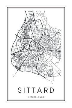 Printable downtown road map poster of the Dutch city of SITTARD on solid white background with city name
