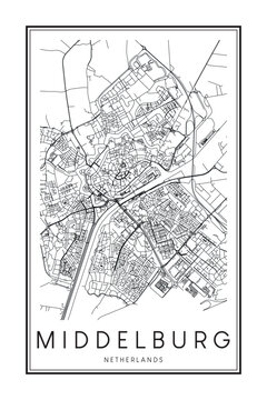 Printable downtown road map poster of the Dutch city of MIDDELBURG on solid white background with city name