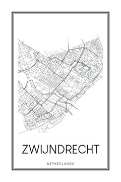 Printable downtown road map poster of the Dutch city of ZWIJNDRECHT on solid white background with city name