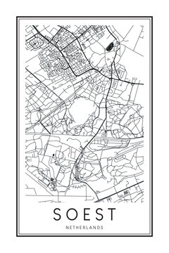 Printable downtown road map poster of the Dutch city of SOEST on solid white background with city name