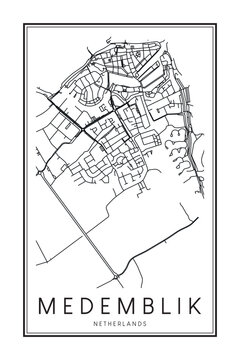 Printable downtown road map poster of the Dutch city of MEDEMBLIK on solid white background with city name