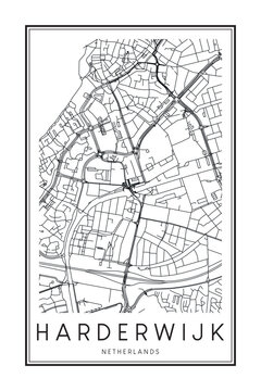 Printable downtown road map poster of the Dutch city of HARDERWIJK on solid white background with city name