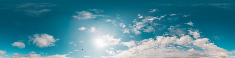 Wall Mural - Sky 360 panorama - Bright blue sky filled with fluffy white Cirrus clouds. Seamless hdr spherical 360 panorama. Sky dome sky replacement for aerial drone 360 panoramas. Weather and climate change
