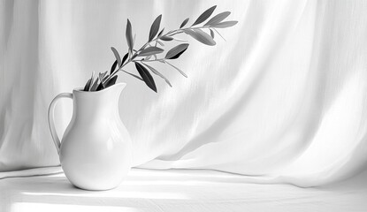 Wall Mural - Elegant White Pitcher with Green Leaves Against Soft Fabric Background