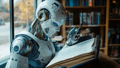 Poster - Advanced Humanoid Robot Seamlessly Navigating Technology, Reading in Modern Library Setting