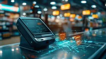 Poster - photograph of an rfid reader mounted at a retail checkout counter overlaid with glowing lines showin