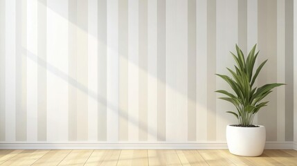 Wall Mural - Bright and Modern Interior with Green Plant and Striped Wallpaper