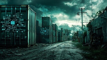 Poster - aerial view of a smart shipping container yard showcasing the of rfid technology and data visualizat