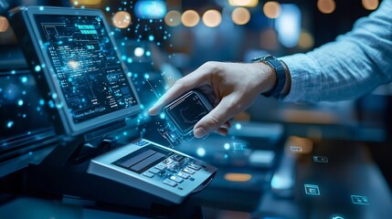 Poster - Futuristic NFC enabled smartwatch making a secure transaction at a holographic point of sale system with visuals of data exchange and network copy space on the right side of the image