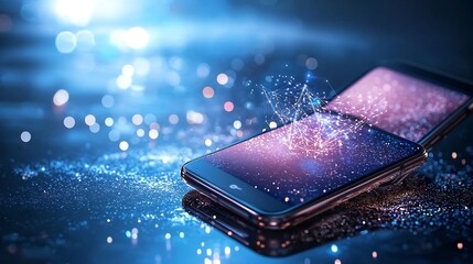 Poster - Smartphones Transferring Data Using NFC Technology Visualized with Holographic Beams Representing the Network Connection Leaving Copy Space at the Top Left