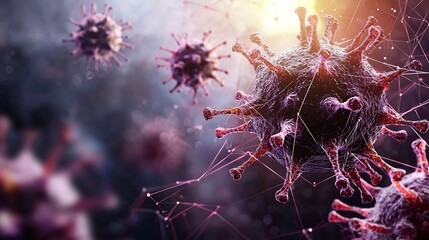 Poster - Microscopic view of Norovirus particles overlaid with a digital network visualization illustrating the spread and infection patterns of the virus leaving copy space at the top for text overlay