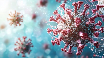 Aufkleber - Microscopic view of Norovirus particles overlaid with a digital network visualization of infection spread patterns leaving copy space at the top for text or design elements