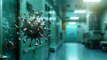 Poster - A cutting edge photograph showcasing a futuristic public health laboratory with holographic overlays displaying intricate Norovirus transmission networks and data nodes