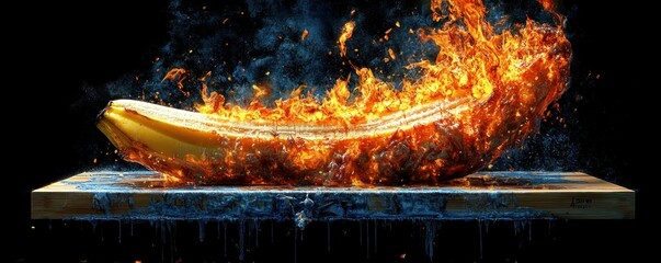 Aufkleber - Flaming Banana on Wooden Board Dramatic Food Photo